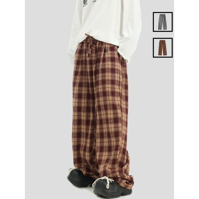 INStudio-Drawstring Waist Lightweight Plaid Baggy Pants