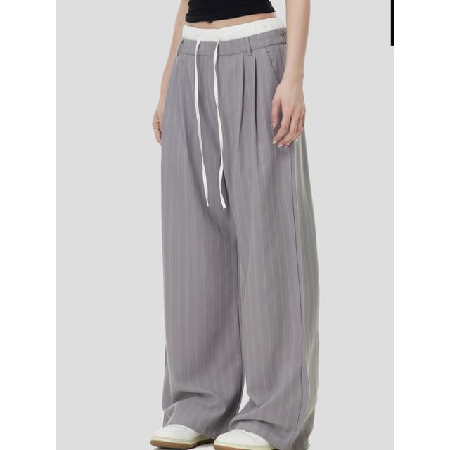 INStudio-Drawstring Waist Pinstripe Loose Fit Pants