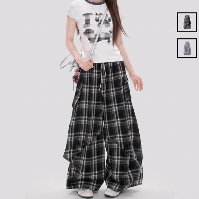 INStudio-Drawstring Waist Plaid Wide Leg Cargo Pants
