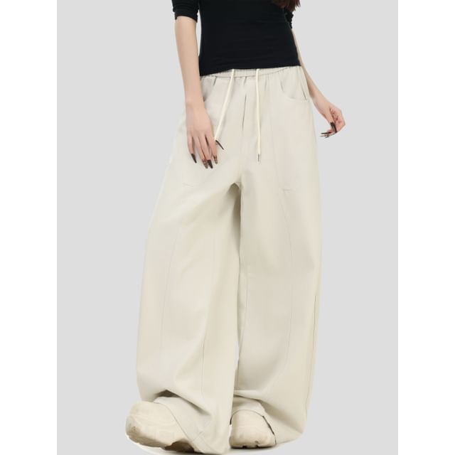 INStudio-Drawstring Waist Plain Baggy Pants