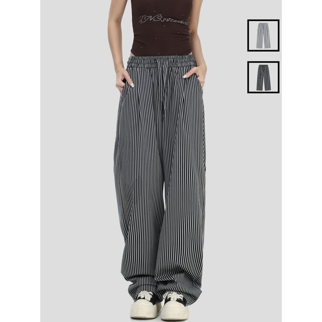 INStudio-Drawstring-Waist Striped Baggy Pants