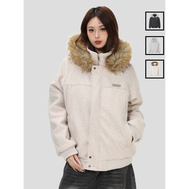 INStudio-Faux Fur-Trim Hooded Wool Jacket