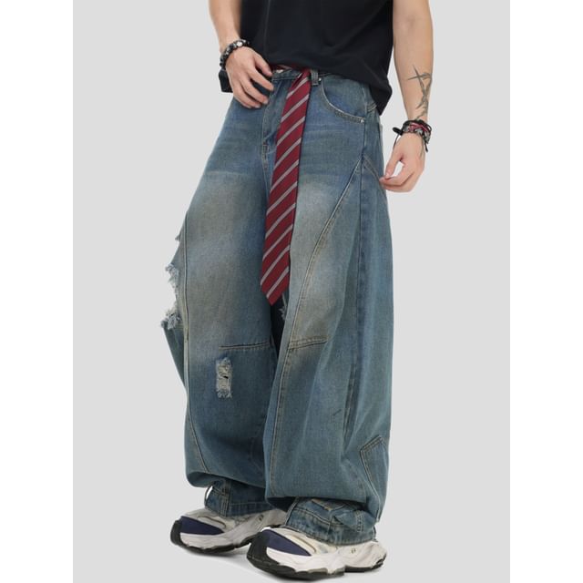 INStudio-High Waist Distressed Wide Leg Jeans