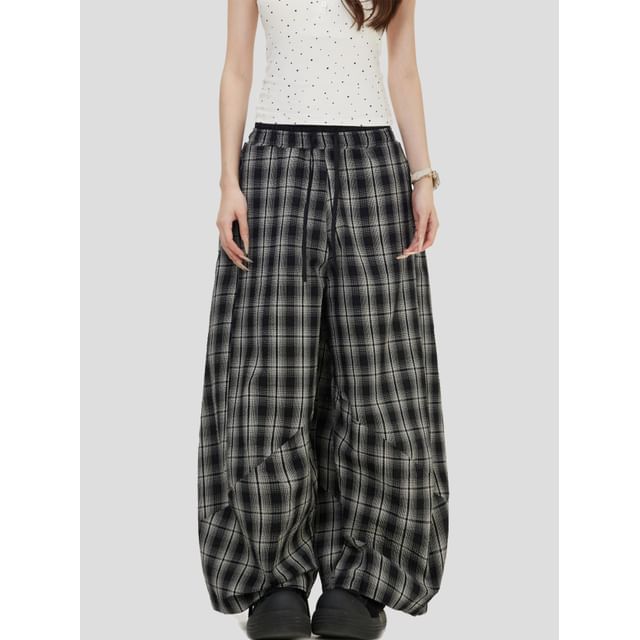 INStudio-High Waist Plaid Wide Leg Pants