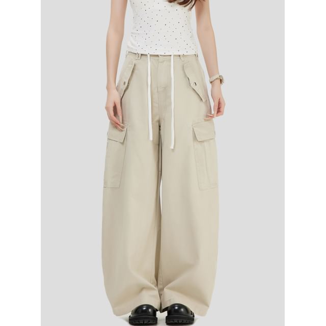 INStudio-High Waist Plain Wide Leg Cargo Pants