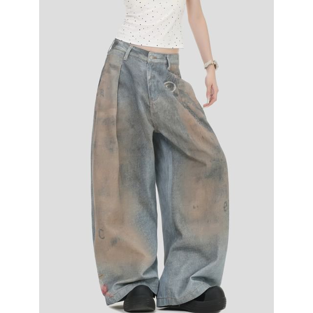 INStudio-High Waist Washed Wide Leg Jeans