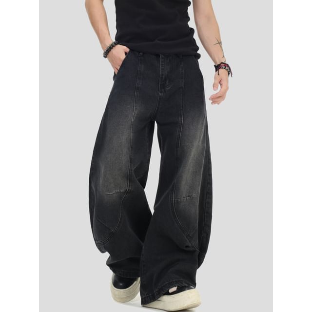 INStudio-High Waist Washed Wide Leg Jeans