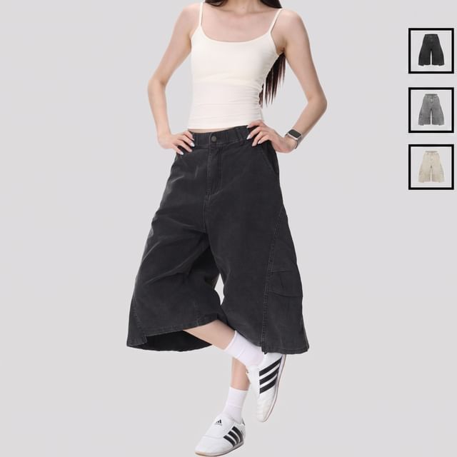 INStudio-High Waist Washed Wide Leg Jorts