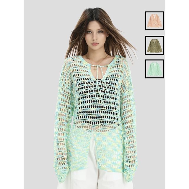 INStudio-Long-Sleeve Open-Knit Top