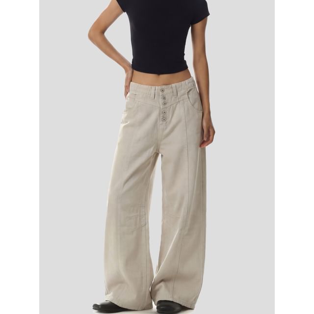 INStudio-Low Rise Plain Panel Wide Leg Jeans
