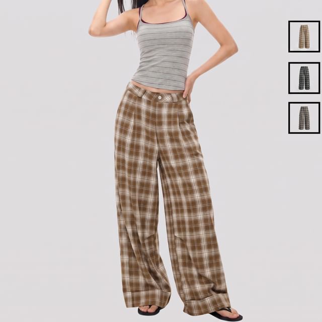 INStudio-Mid Rise Plaid Wide Leg Pants