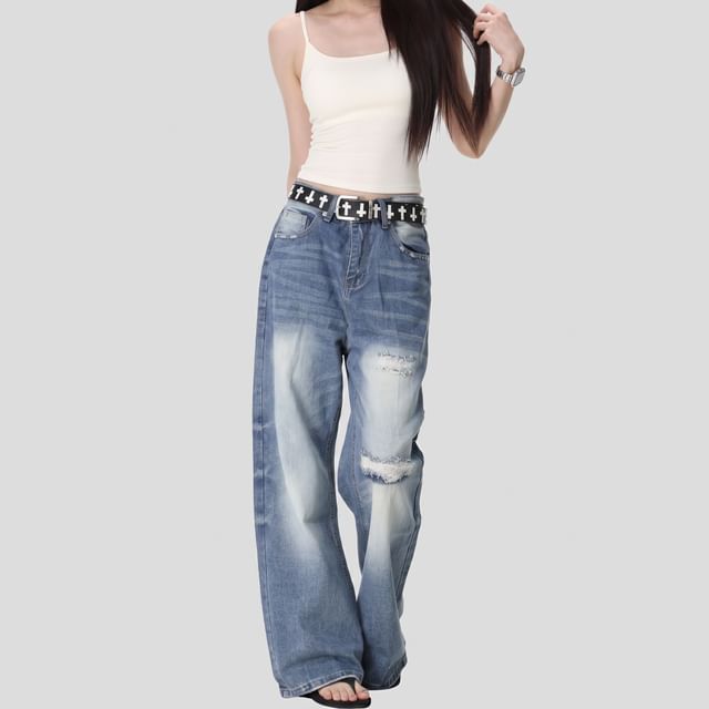 INStudio-Mid Rise Washed Distressed Wide Leg Jeans