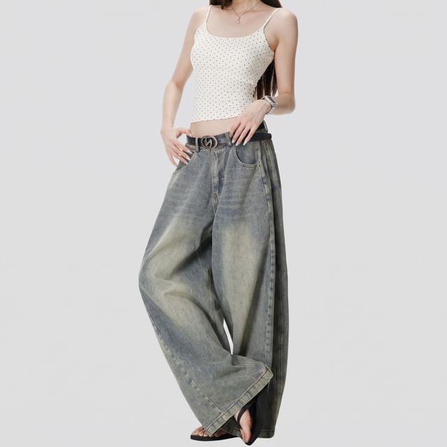 INStudio-Mid Rise Washed Wide Leg Jeans