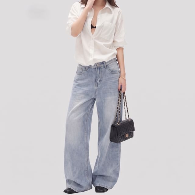 INStudio-Mid Rise Washed Wide Leg Jeans