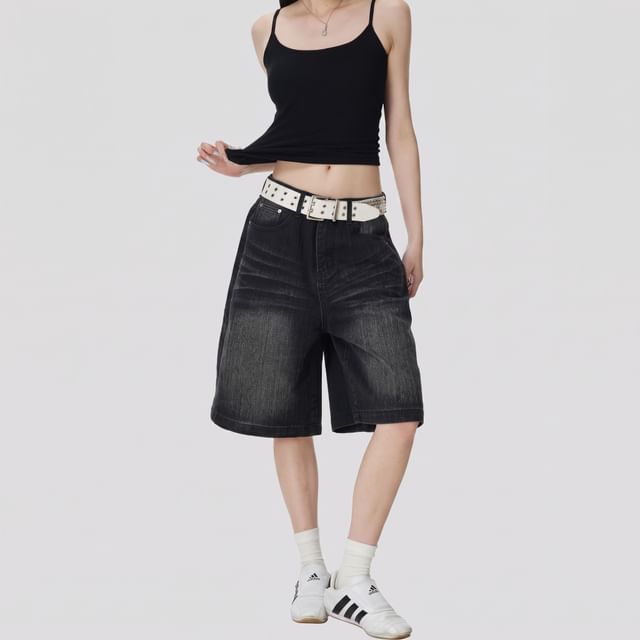 INStudio-Mid Rise Washed Wide Leg Jorts