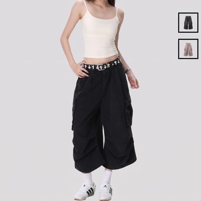 INStudio-Mid Rise Washed Wide Leg Jorts