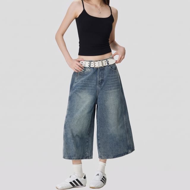 INStudio-Mid Rise Washed Wide Leg Jorts