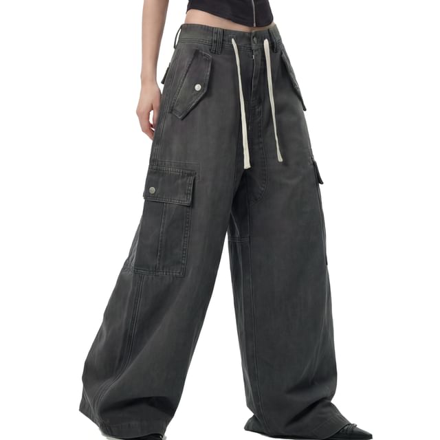 INStudio-Mid Waist Plain Wide Leg Cargo Pants