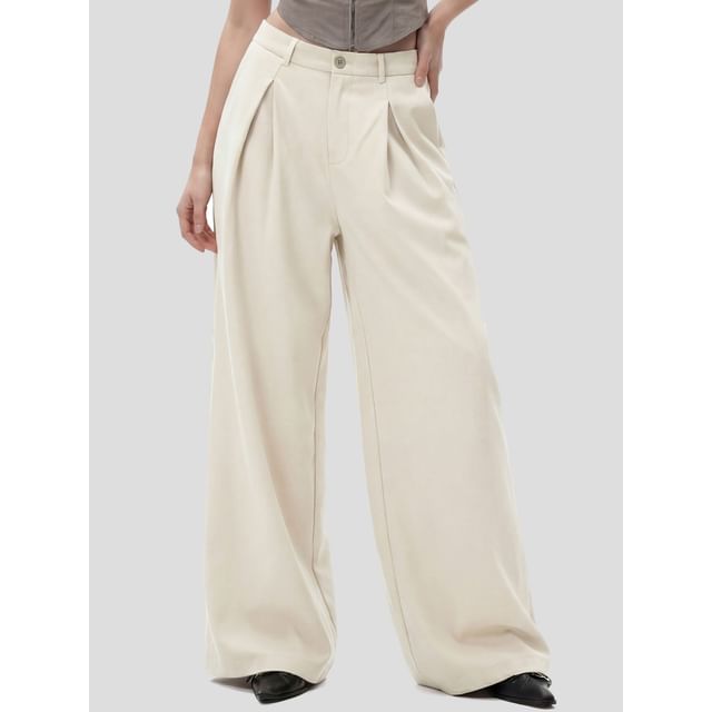 INStudio-Mid Waist Plain Wide Leg Pants