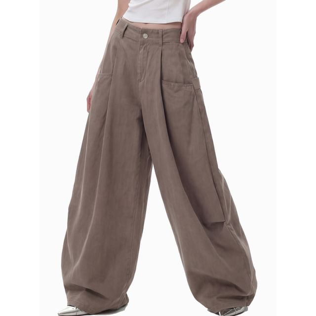 INStudio-Mid Waist Plain Wide Leg Pants