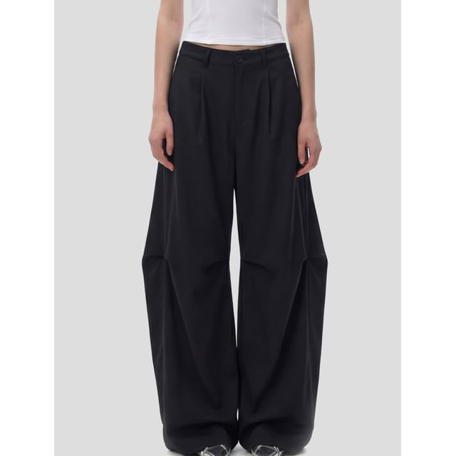 INStudio-Mid Waist Plain Wide Leg Pants