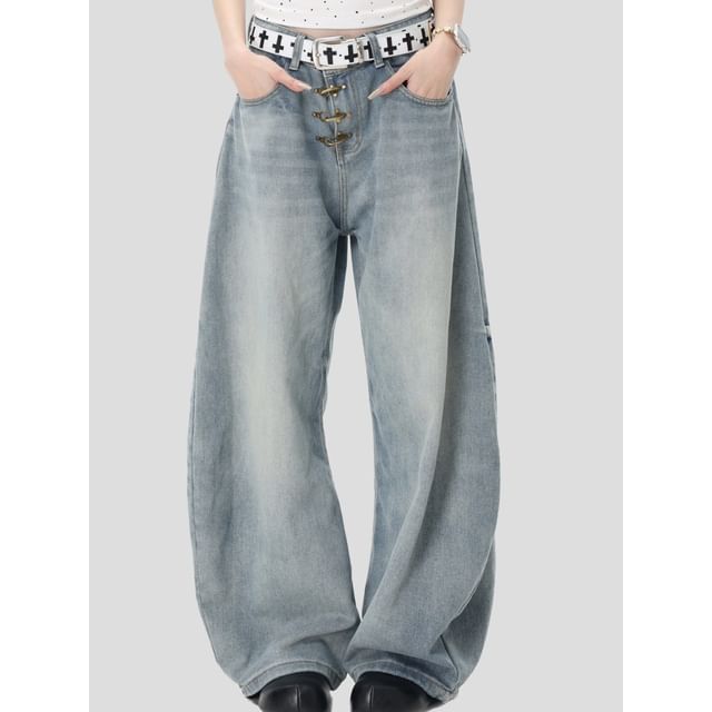 INStudio-Mid Waist Washed Barrel Leg Jeans