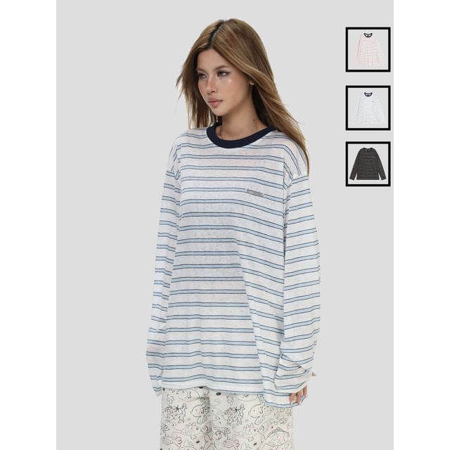 INStudio-Overfit Striped Long-Sleeve Sheer Tee
