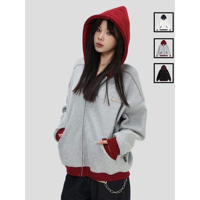 INStudio-Oversized Colorblock Zip Hoodie
