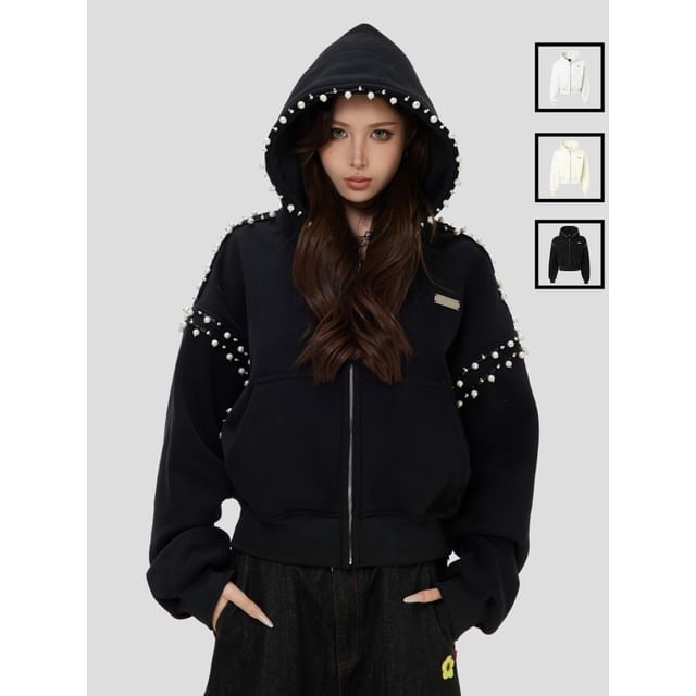 INStudio-Oversized Pearl-Trim Zip Hoodie