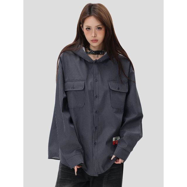 INStudio-Oversized Plaid Hooded Shirt