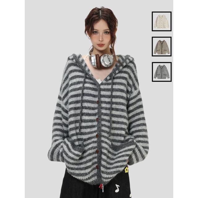 INStudio-Oversized Striped Hooded Cardigan