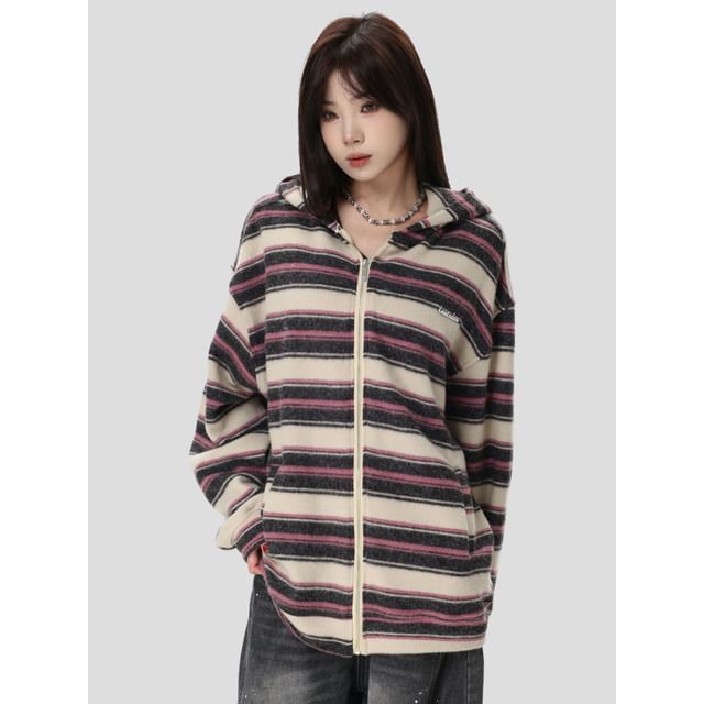 INStudio-Oversized Striped Zip Hoodie