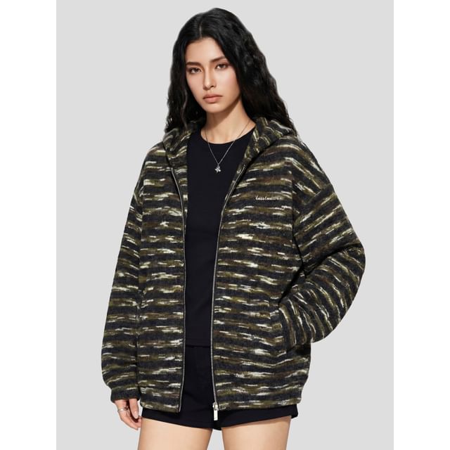 INStudio-Oversized Striped Zip-Up Hoodie