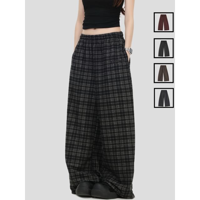 INStudio-Plaid Wide-Leg Pants
