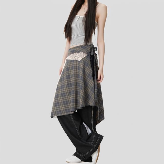 INStudio-Plaid Wrap A-Line Skirt