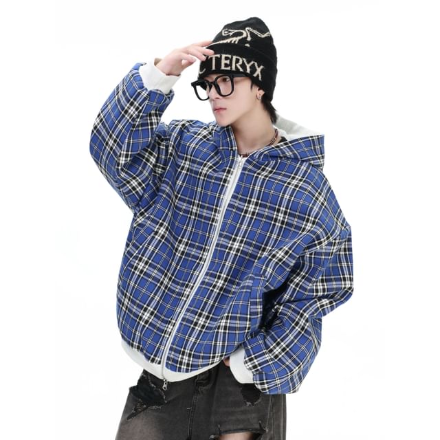 INStudio-Reversible Plaid Hooded Zip-Up Jacket