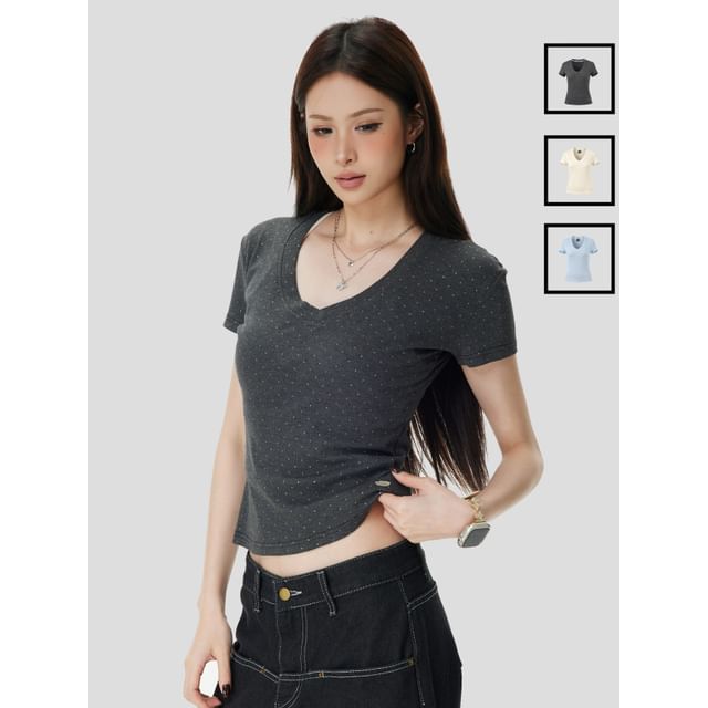 INStudio-Rhinestone V-Neck Crop T-Shirt