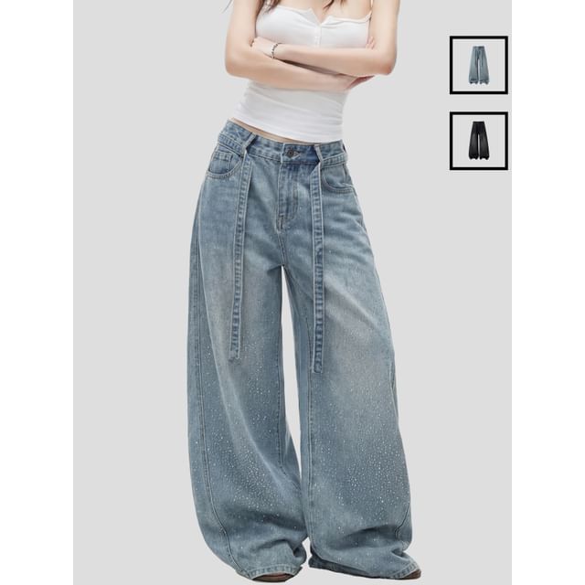 INStudio-Rhinestone Wide-Leg Relaxed Jeans