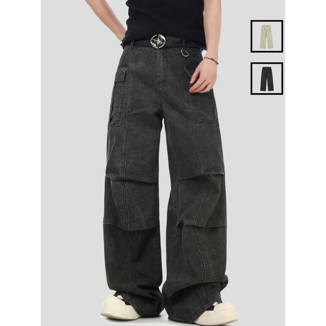 INStudio-Shirred Straight-Cut Loose Cargo Pants