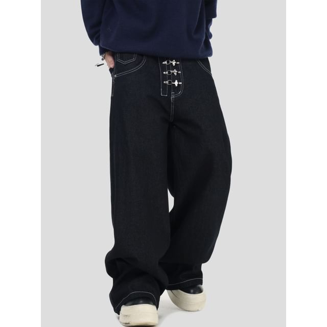 INStudio-Stitched Button-Accent Wide-Leg Jeans