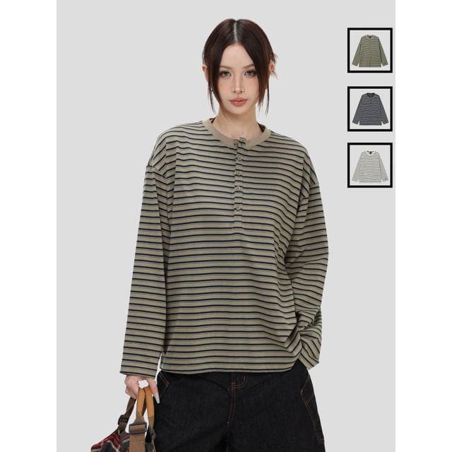 INStudio-Striped Long-Sleeve Loose Henley