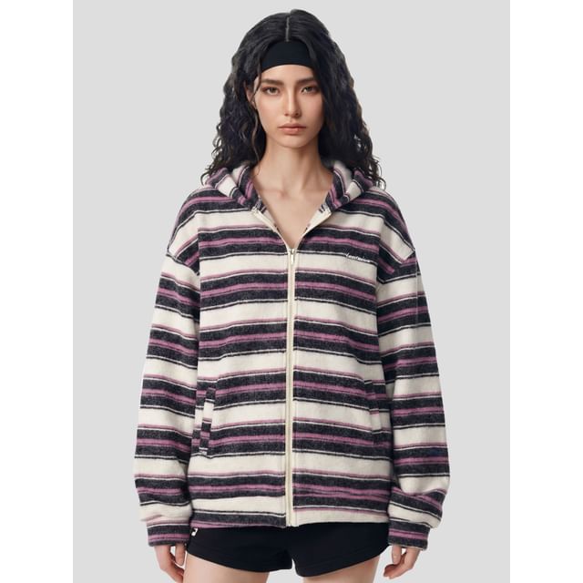 INStudio-Striped Zip-Up Hoodie