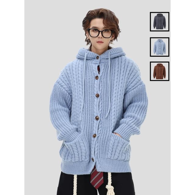 INStudio-Unisex Cable-Knit Hooded Cardigan