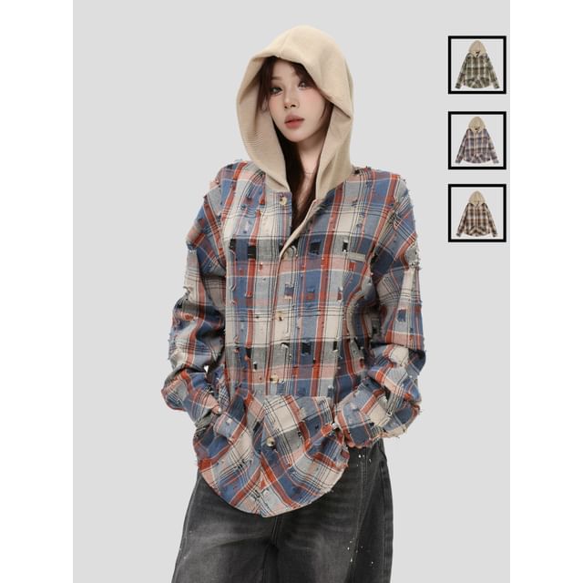 INStudio-Unisex Distressed Plaid Hooded Shacket