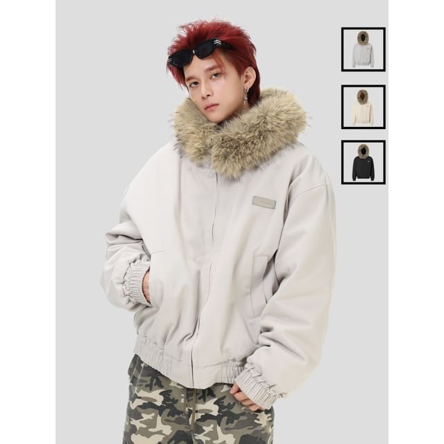INStudio-Unisex Faux Fur-Trim Hooded Jacket