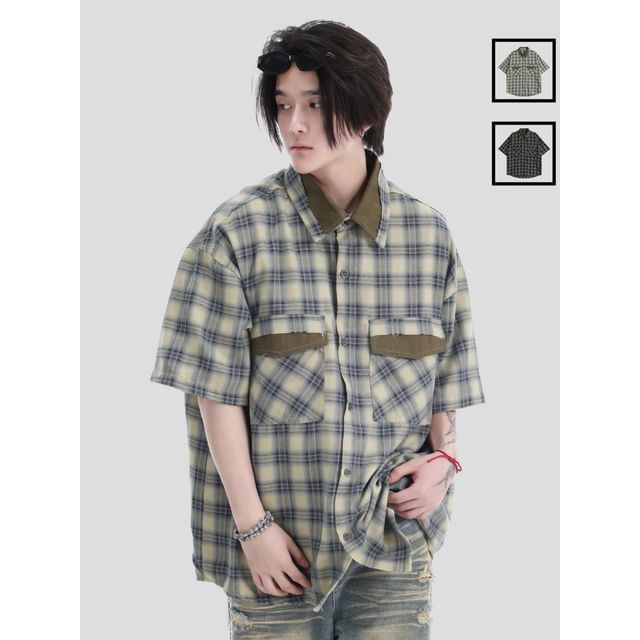 INStudio-Unisex Patchwork Overfit Plaid Shirt