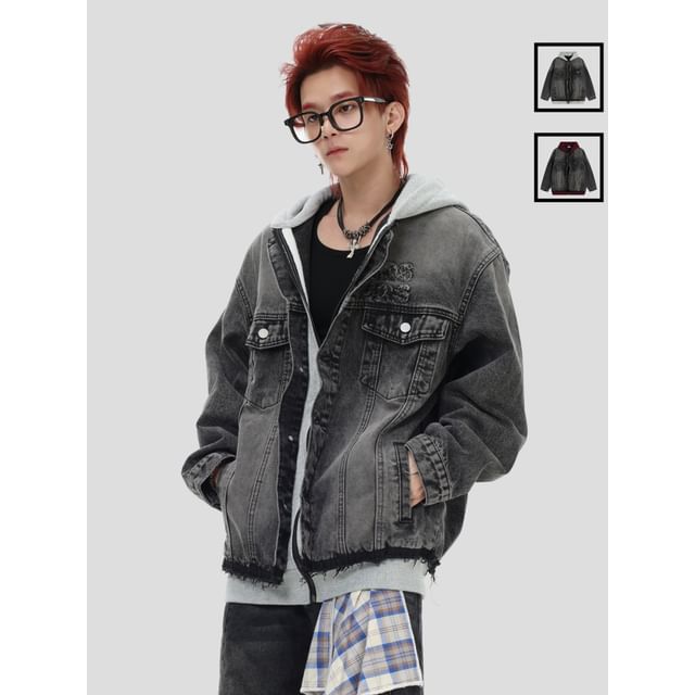 INStudio-Unisex Washed Mock Two-Piece Hooded Denim Jacket