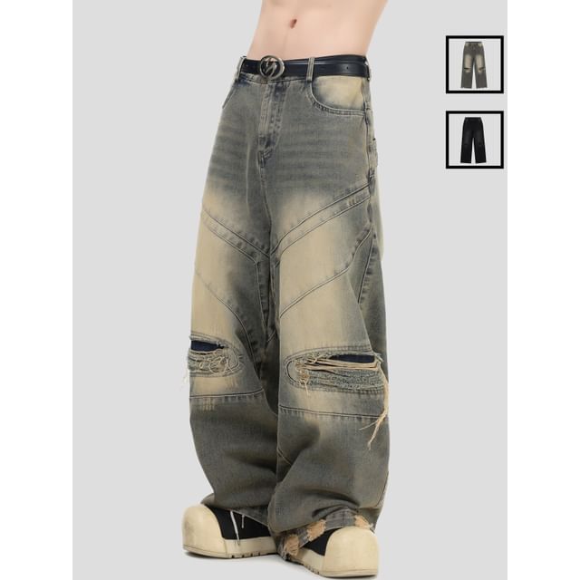 INStudio-Washed Distressed Wide-Leg Jeans