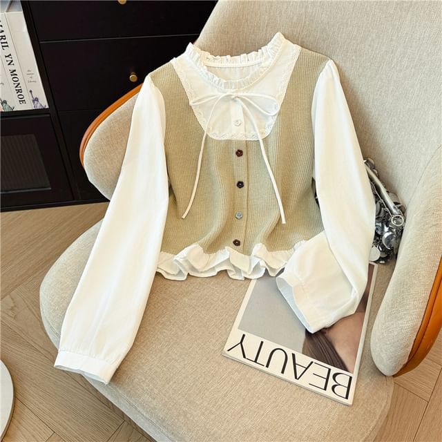 Isaaca-Crew Neck Ruffle Trim Mock Two Piece Blouse