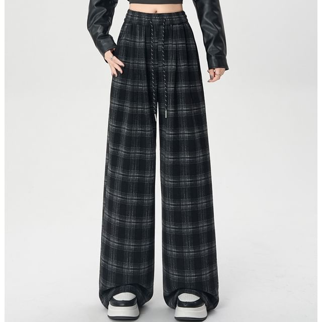Isaaca-Drawstring Waist Plaid Wide Leg Pants